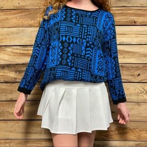 Southern Lady blue & black retro geometric sweater funky scoop neck long sleeve